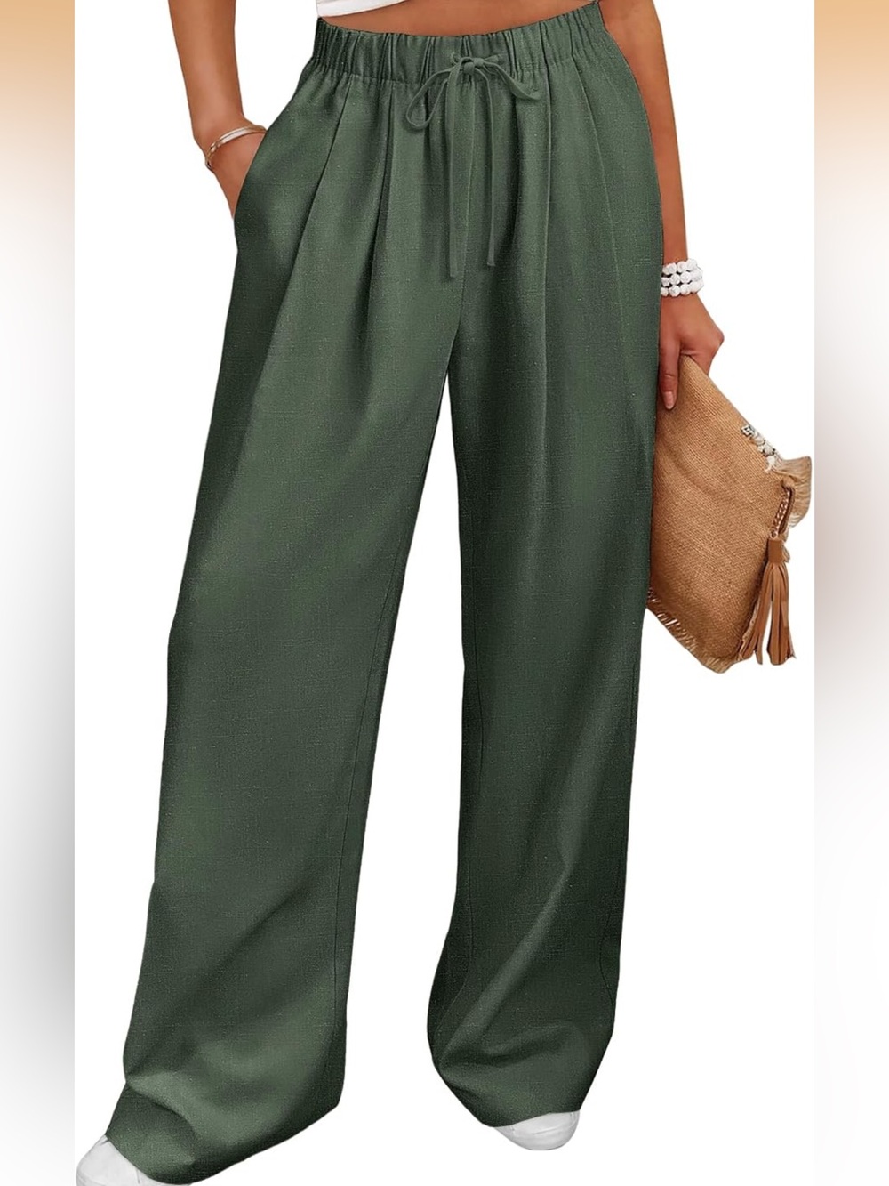 Womens Wide-Leg Drawstring Pants - Olive Green